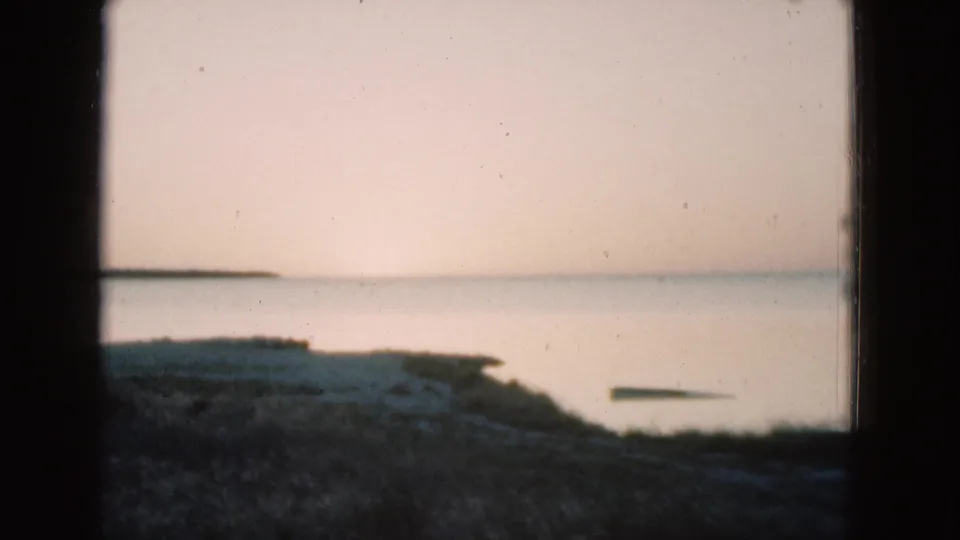 1975 Florida home-movie frame of calm water, sloped shoreline, pale sky, and a small dark form near the water.