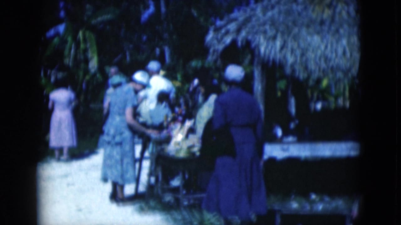 1975 Florida 8mm frame of adult visitors in dresses and hats gathered near a shaded zoo or wildlife viewing area.