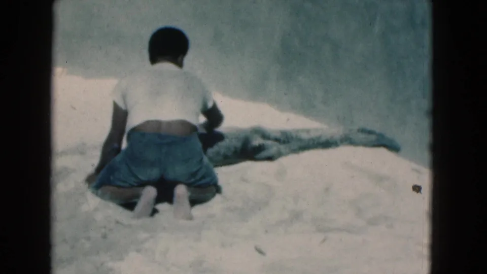 In 1975 Florida home-movie footage, a person in a white shirt and blue shorts kneels on sand near a small alligator or crocodile.