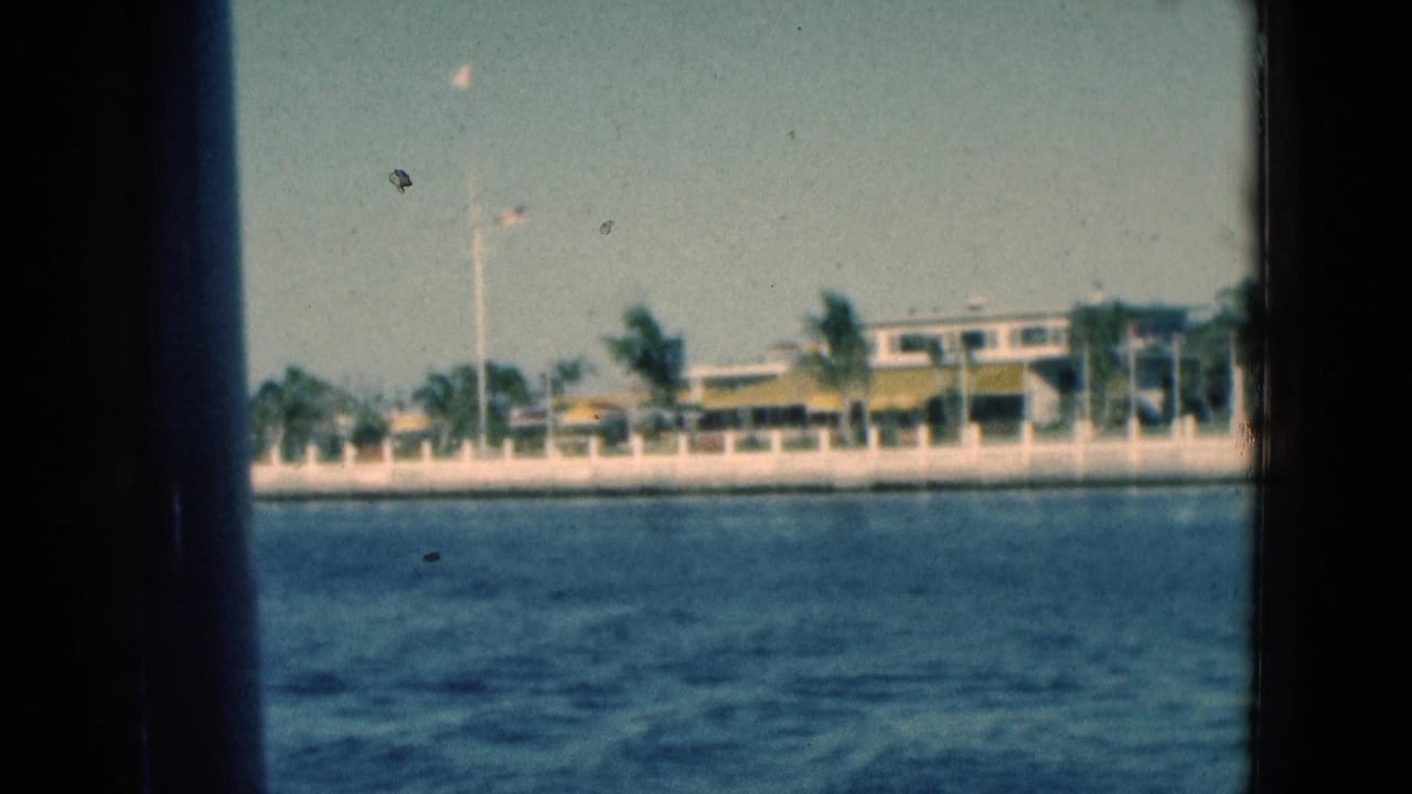1975 Florida 8mm frame showing blue water, a white seawall, palm trees and a low shoreline building with a yellow roof.