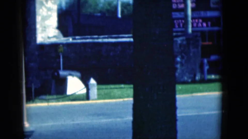 The 1975 Florida home-movie view continues past a stone wall, roadway, grass edge, and dark foreground tree trunk.