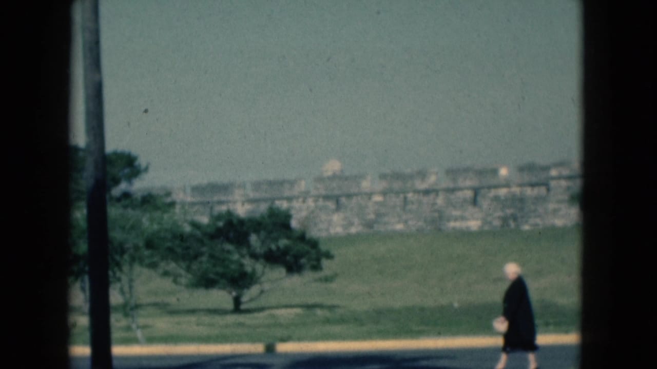 1975 Florida 8mm frame showing an older woman walking beside a road, seen through dark vertical window framing with trees and distant structures.