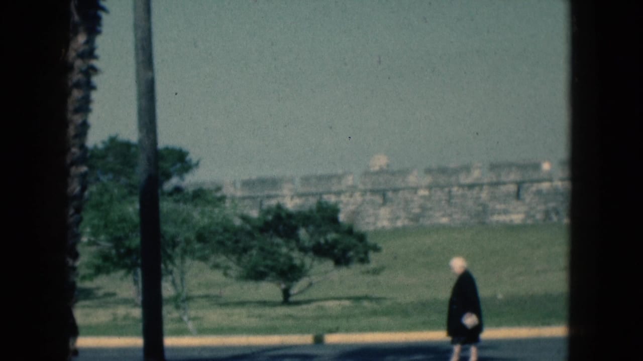 1975 Florida home-movie frame of an older woman walking at the edge of a road, with palm landscaping and distant masonry visible.