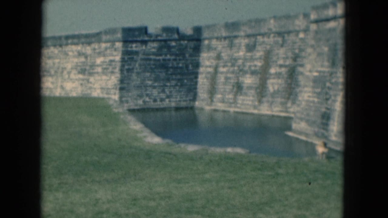 Stone wall and moat with grass in the foreground.