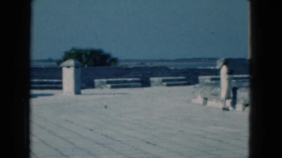 1975 Florida home-movie frame showing a person at the right edge of a pale stone waterfront, with benches, trees, and calm blue water beyond.