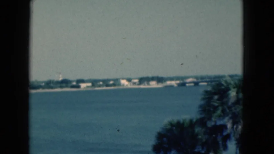 Vintage 8mm frame from Florida showing a calm waterway, distant shoreline, trees, and foreground palm shapes beside a dark window divider.