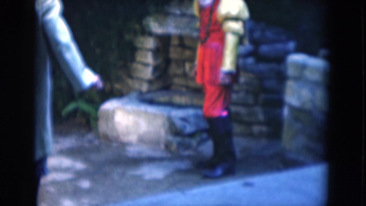 Costumed man in red and yellow stands near low stonework and greenery in a soft 1975 Florida home-movie frame.