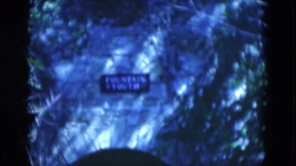 1975 Florida 8mm frame with the Fountain of Youth sign centered on a stone arch, softened by foliage and small-gauge film blur.