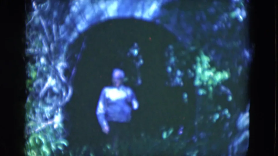 1975 Florida home-movie frame showing a man turned toward the camera inside a dark arched walkway with bright foliage at the edges.