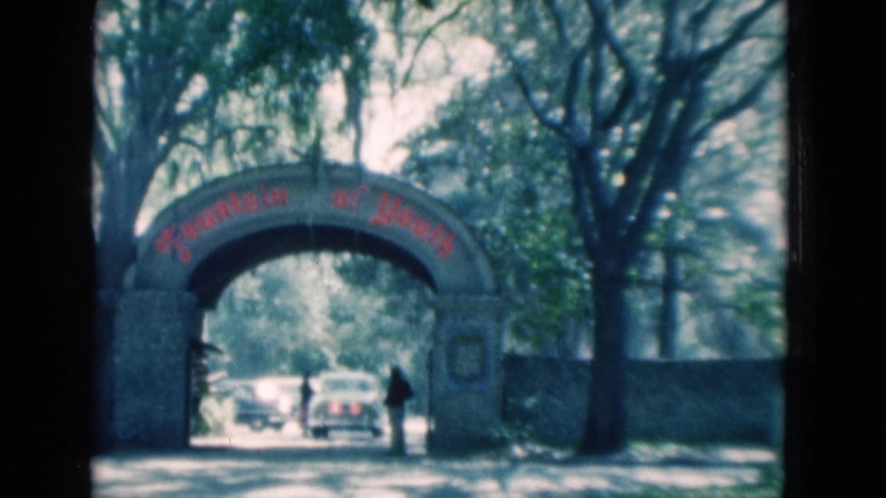 Stone Fountain of Youth arch with cars and a person beneath trees.