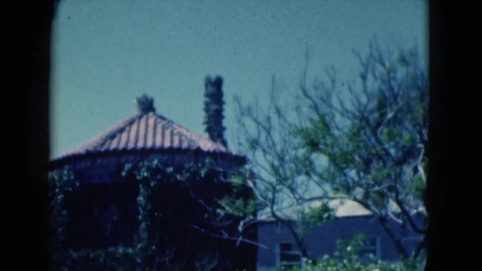 Soft 1975 Florida 8mm view of the round ivy-covered building with terracotta roof, chimney, branches, and blue sky.