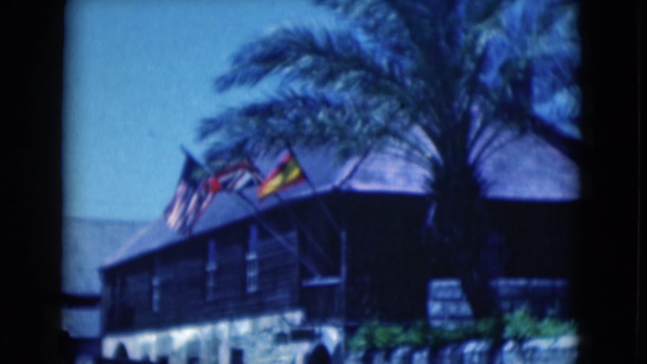 1975 Florida 8mm frame showing a dark wooden tropical building, sloped roof, palms, shrubs, and wind-whipped flags.