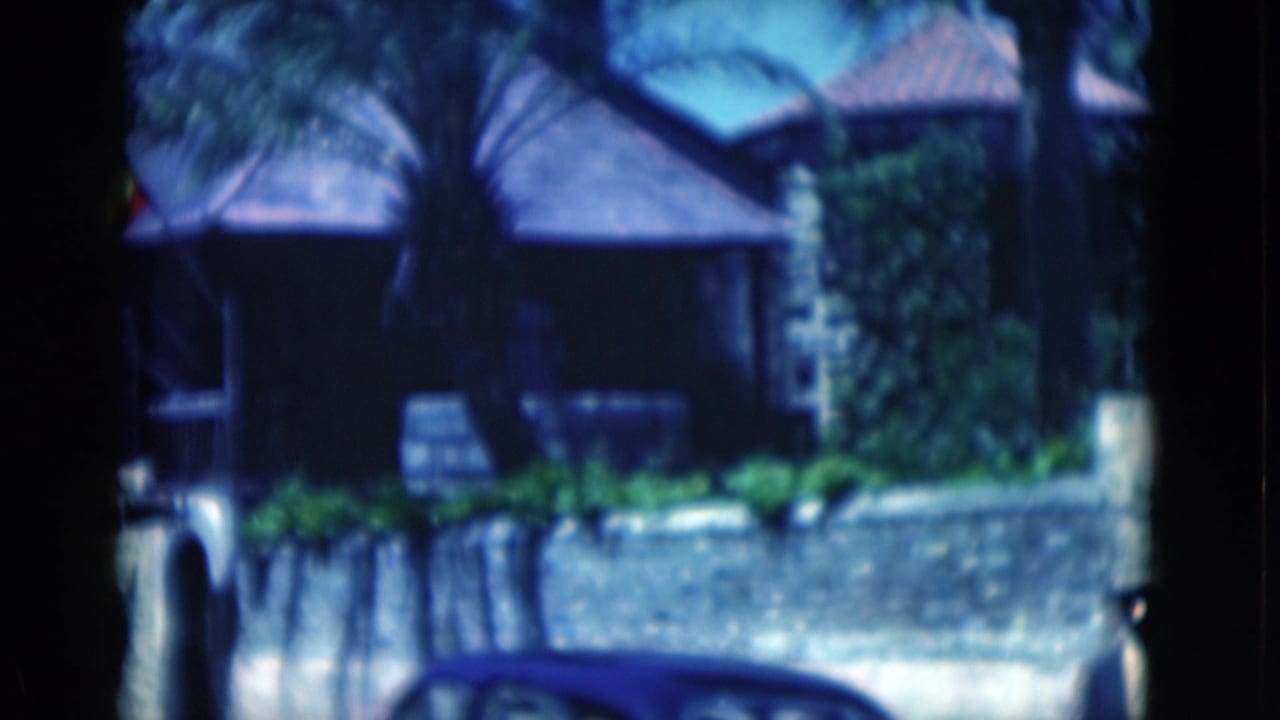 1975 Florida 8mm frame showing a stone-and-wood exterior, low planter wall, palm fronds, and part of a blue car at street level.