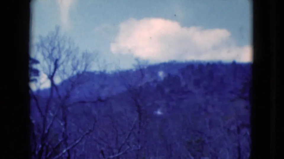 1975 home-movie landscape cutaway showing a wooded hillside, bare trees, blue sky, and a pale cloud.