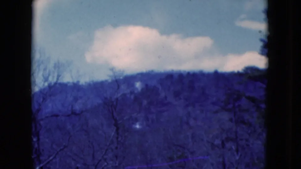 1975 home-movie frame of a wooded hillside and bare trees beneath a stretched pale cloud in blue sky.