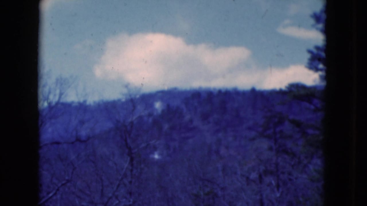 1975 8mm home-movie frame from Florida showing a distant wooded ridge, bare trees, blue sky, and soft clouds.