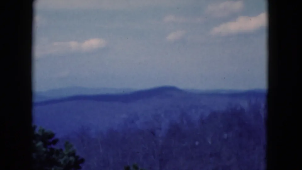 1975 8mm Florida home-movie frame of distant blue hills and a pale sky, with dark foreground trees and soft film texture.