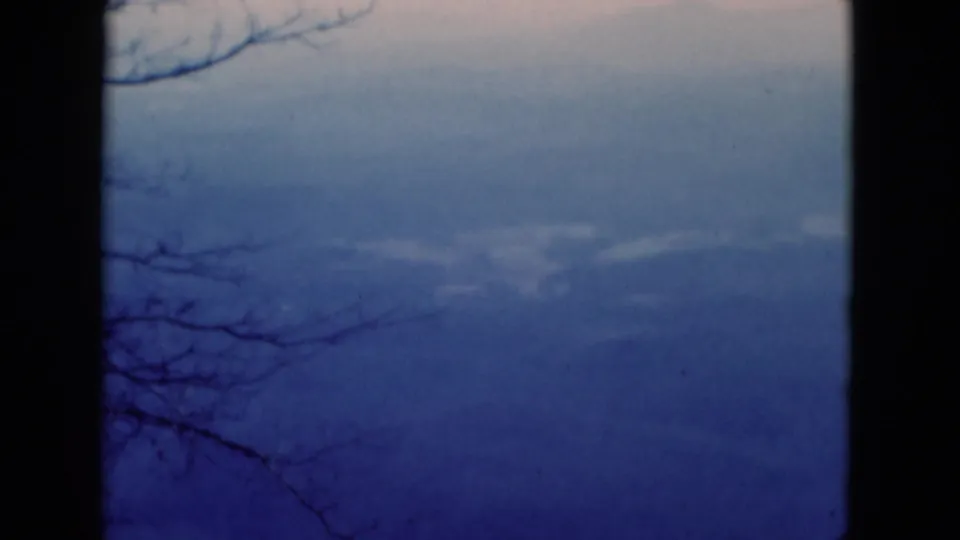 1975 8mm scenic view of hazy distant hills with bare branches crossing the foreground and dark framing at the edge.