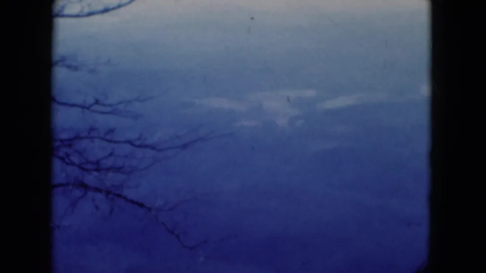 1975 8mm frame cataloged to Florida showing hazy mountain ridges, overcast sky, bare branches, and dark gate edges.