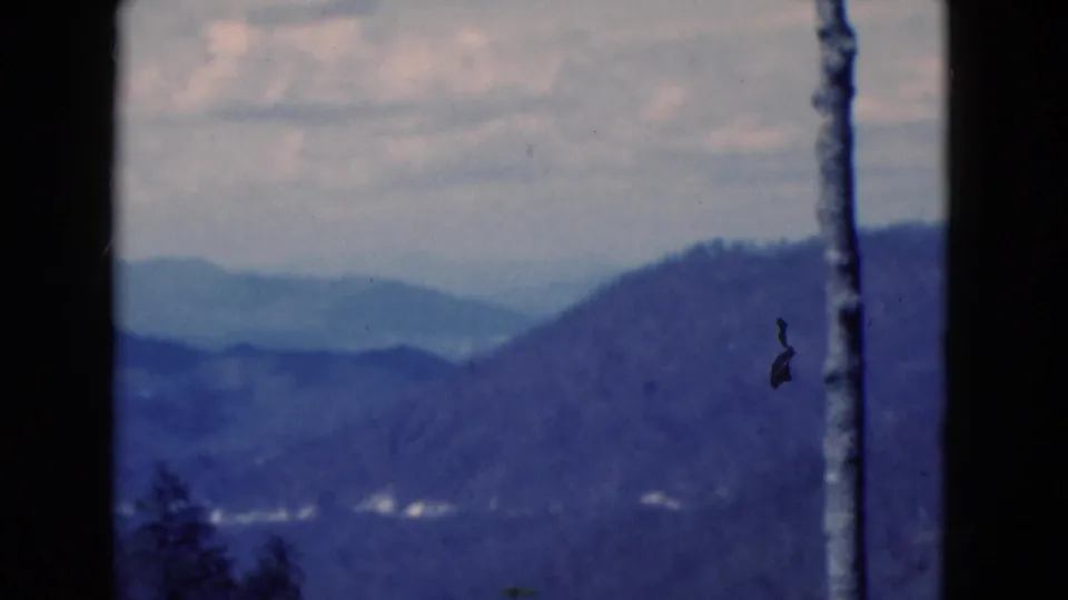 Cataloged 1975 8mm frame showing hazy mountain layers, overcast sky, dark borders, and a narrow vertical pole or tree trunk.