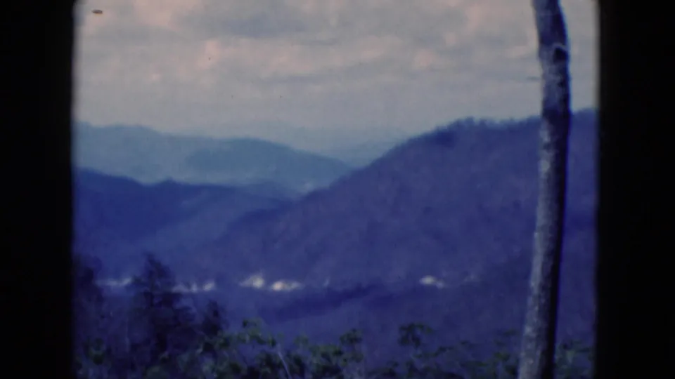 1975 8mm home-movie frame from Florida showing a blue mountain valley, bare foreground trunks, clouded sky, and visible film borders.