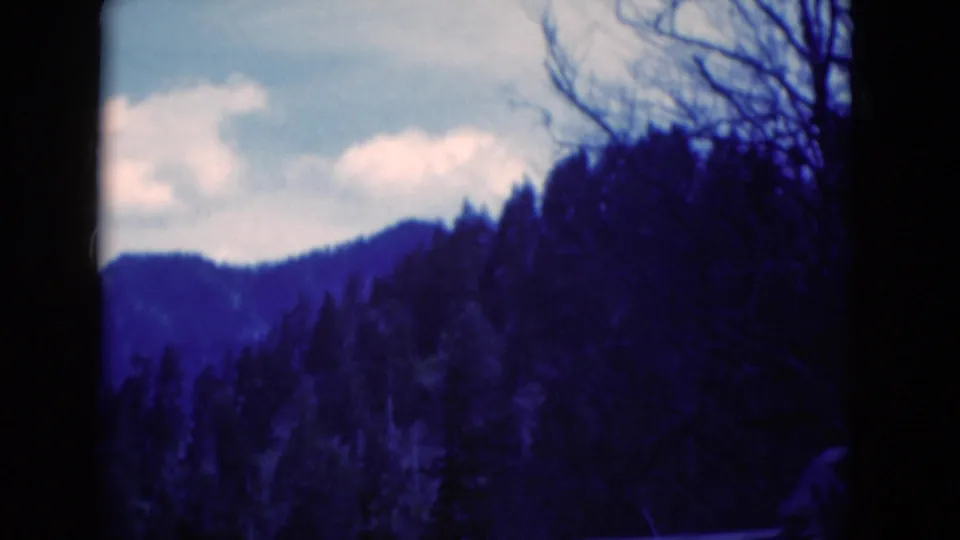 1975 8mm home-movie view of a dark wooded hillside, distant blue ridge, bare branches, and soft clouds.