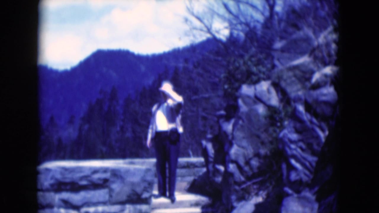 Man in a light jacket stands on stone overlook steps with mountains and trees behind him.