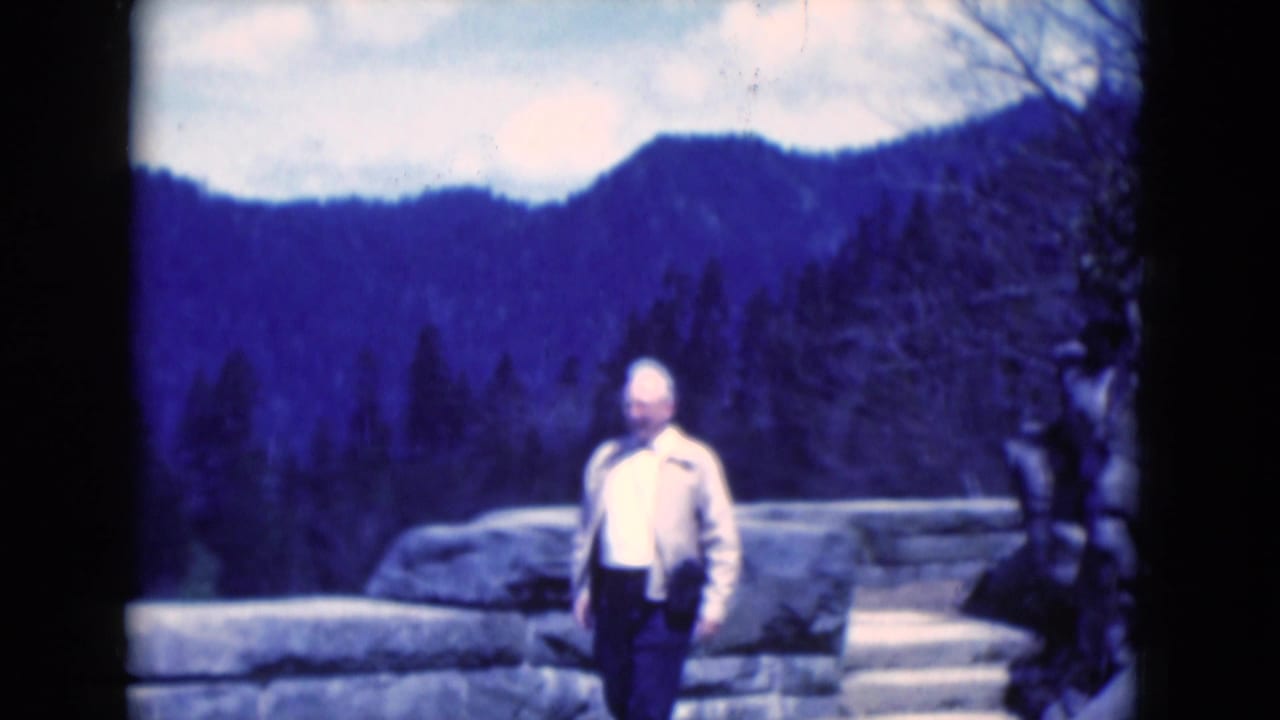 Blue-shifted 8mm view of a man near a stone wall, framed by trees and distant ridgeline scenery.
