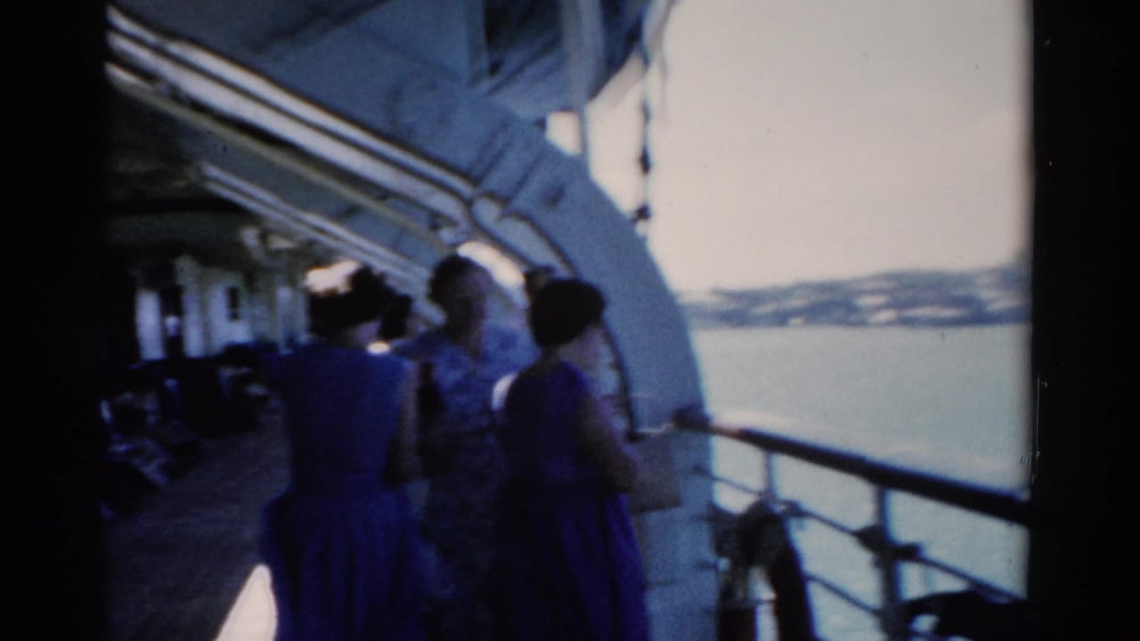 Passengers stand on a cruise ship deck beside a railing, looking out over water.