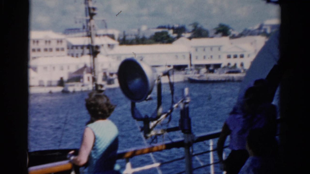 Woman in a light blue sleeveless dress stands at a ship rail facing a waterfront.