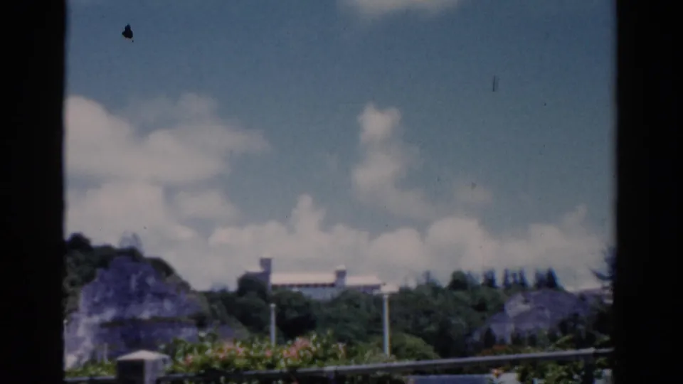 1975 Florida 8mm frame with trees, a green hillside, railing posts, and a distant light-colored building.