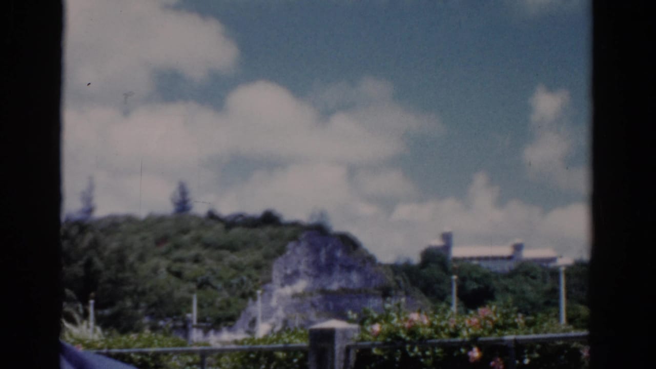 1975 Florida home-movie frame showing a green roadside hillside, distant structure, railing, blue sky, and soft 8mm color.