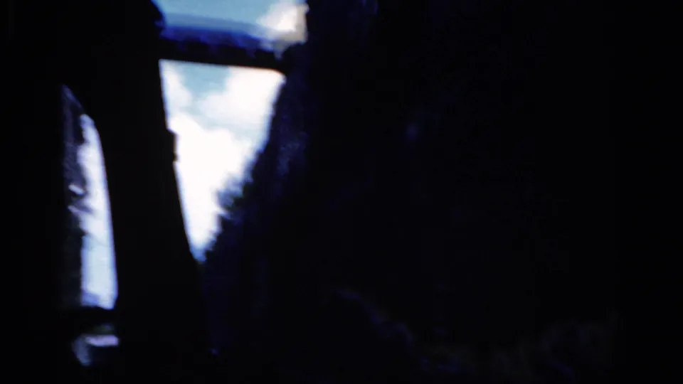 A dark passenger-side interior view shows bright daylight and blue sky outside, emphasizing the contrast of cabin shadow and exterior glare.