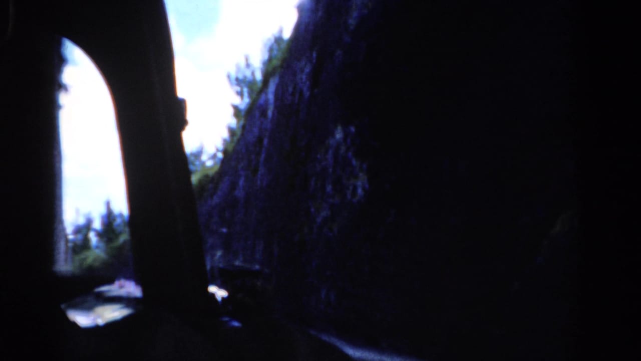 Shadowed view through vehicle pillars with a bright opening, rock face, trees, and road surface beyond.