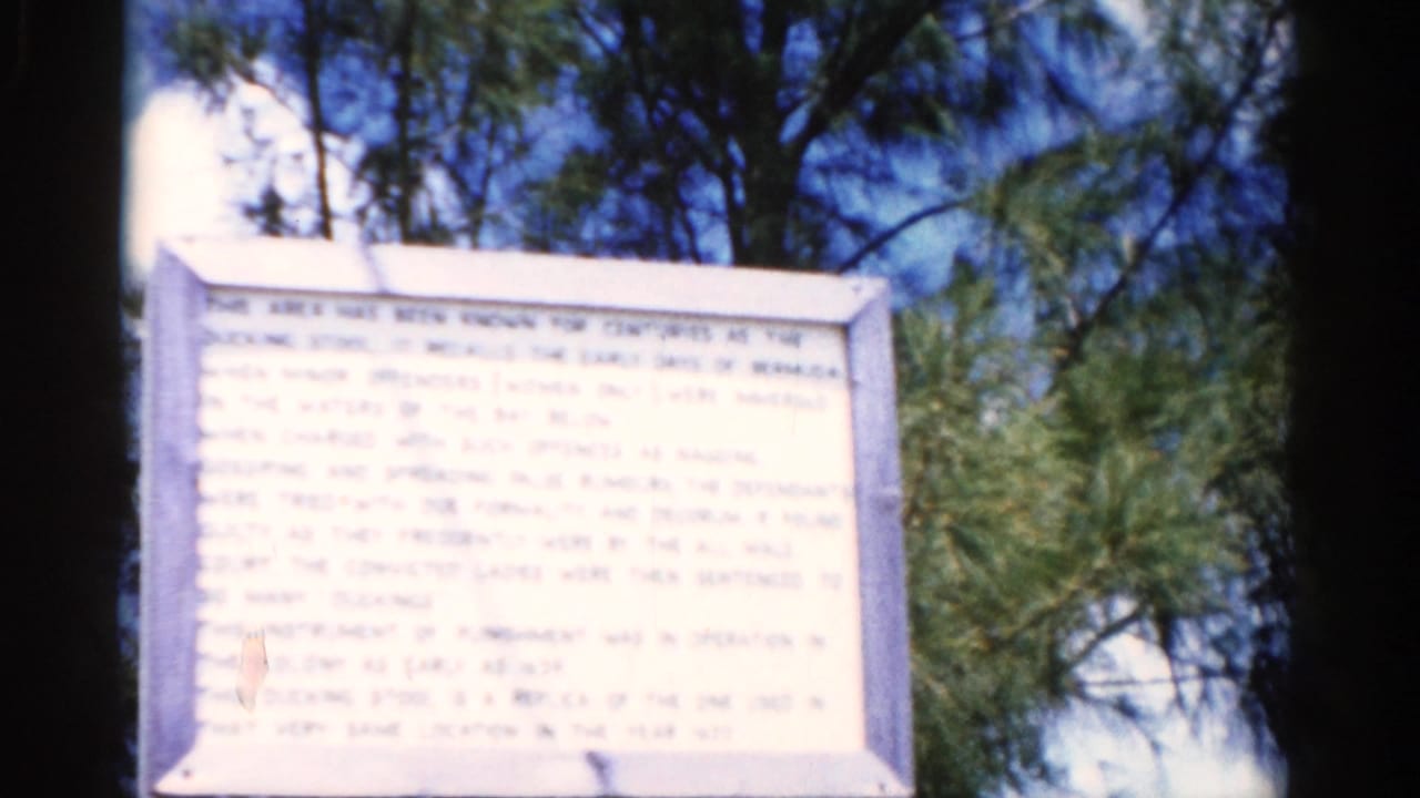 1975 8mm frame of a white-and-blue historical marker outdoors in Florida, with pine trees and bright sky behind it.