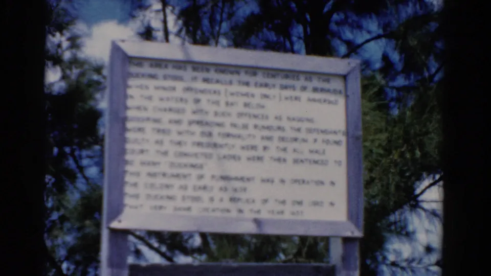 1975 Florida frame showing the sign on its post, with blue trim, marker text, pine trees, and bright sky visible.