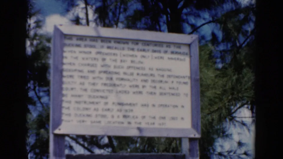 1975 Florida 8mm frame showing a white historical sign in a wooden frame, set against pine trees and blue sky.