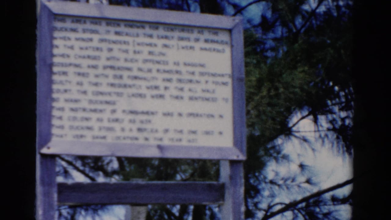 Soft 8mm frame of an outdoor sign in a wooded setting, filmed during the documented 1975 travel footage.