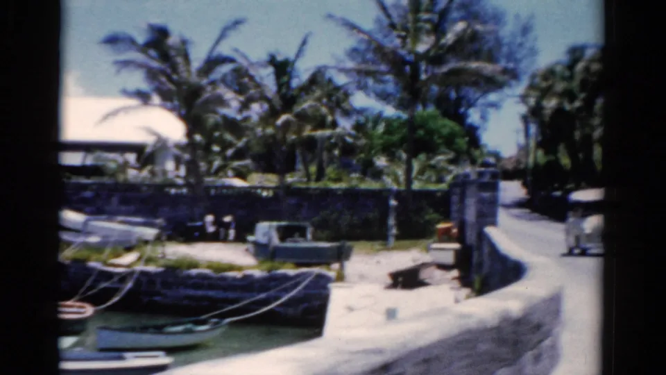 1975 Florida waterfront showing moored boats below a stone wall, palm trees, and a curved road beside the harbor.