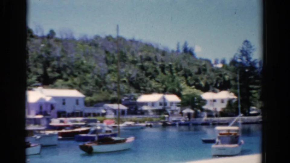 1975 Florida shoreline view with moored boats, white buildings, and a tree-covered rise in the background.