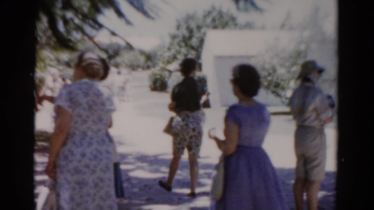 Adult visitors in 1970s clothing appear near a bright Florida park path, including a woman in a purple dress and a uniformed-looking man at right.