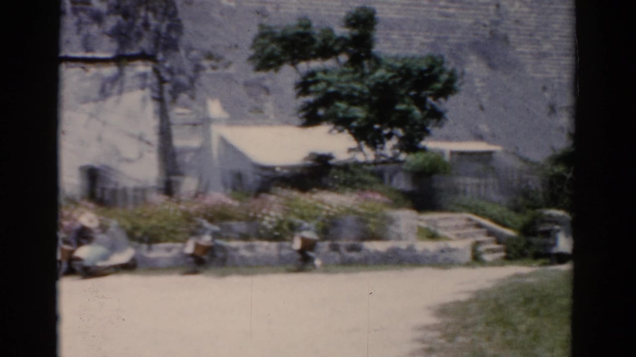 1975 Florida home-movie frame showing a sunlit street, low planter, weathered wall, tree, and people sitting near the curb.