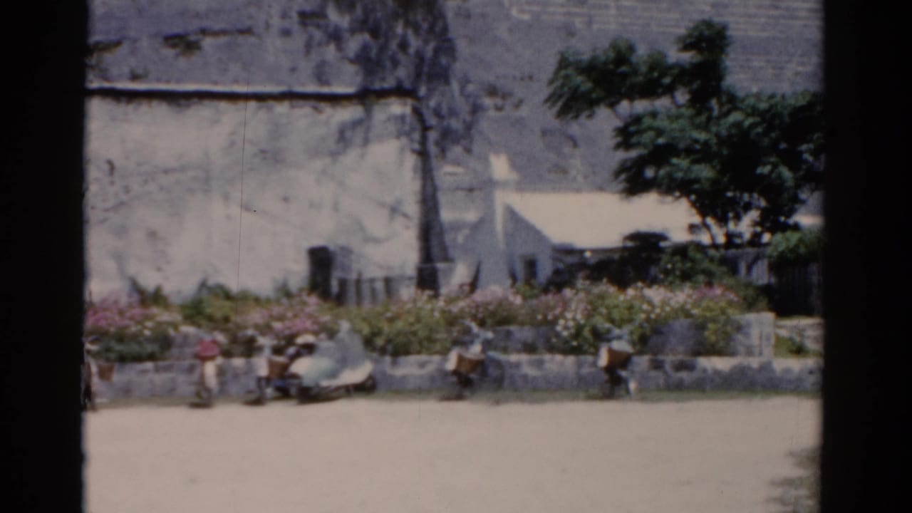 People sit along a flower-lined wall while a small white car is parked or moving nearby.