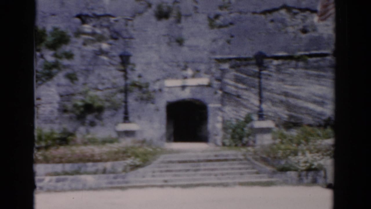 1975 Florida frame centered on a stone entrance with steps, lampposts, landscaped beds, and a dark arched doorway.