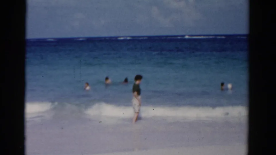 A woman in a dark top and light skirt stands near breaking surf, with several swimmers in the water under a bright sky.