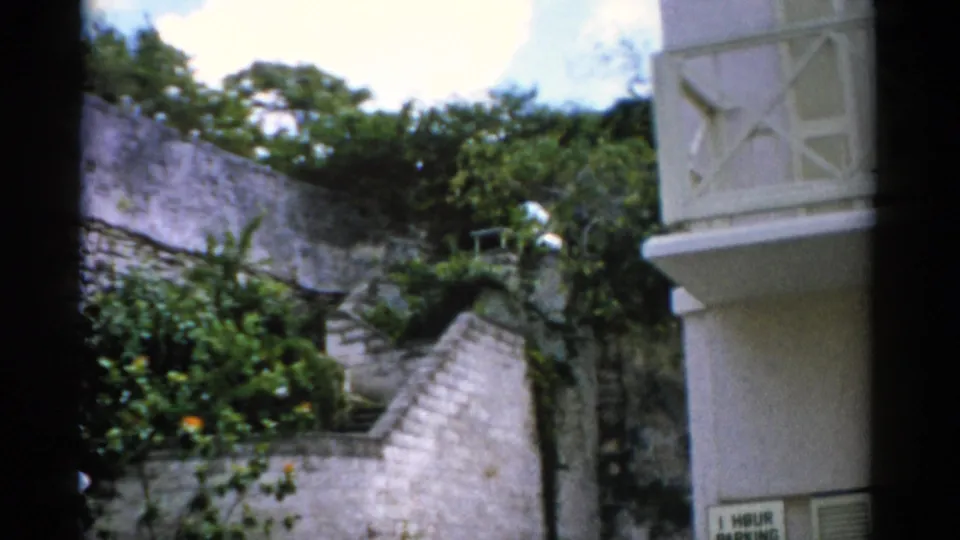 1975 Florida 8mm frame of an outdoor stone staircase bordered by lush plants and a white balcony structure in daylight.