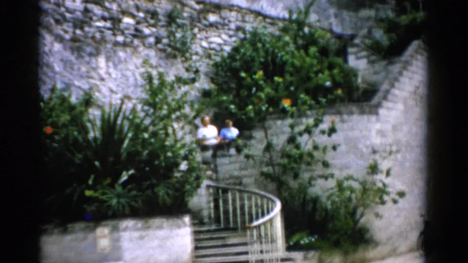 The final 1975 Florida frame holds on the couple by a white rail, with stone walls, steps and orange-blossomed greenery around them.