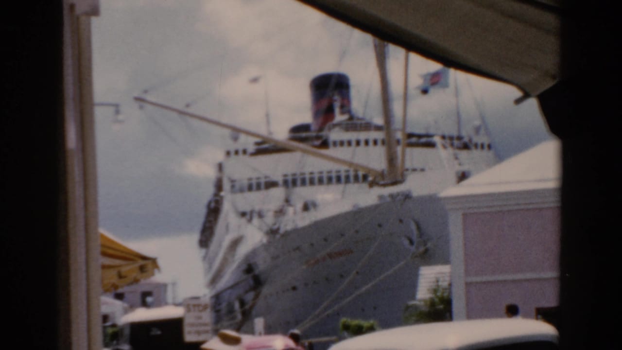 Large white cruise ship docked behind a window frame at a harbor.