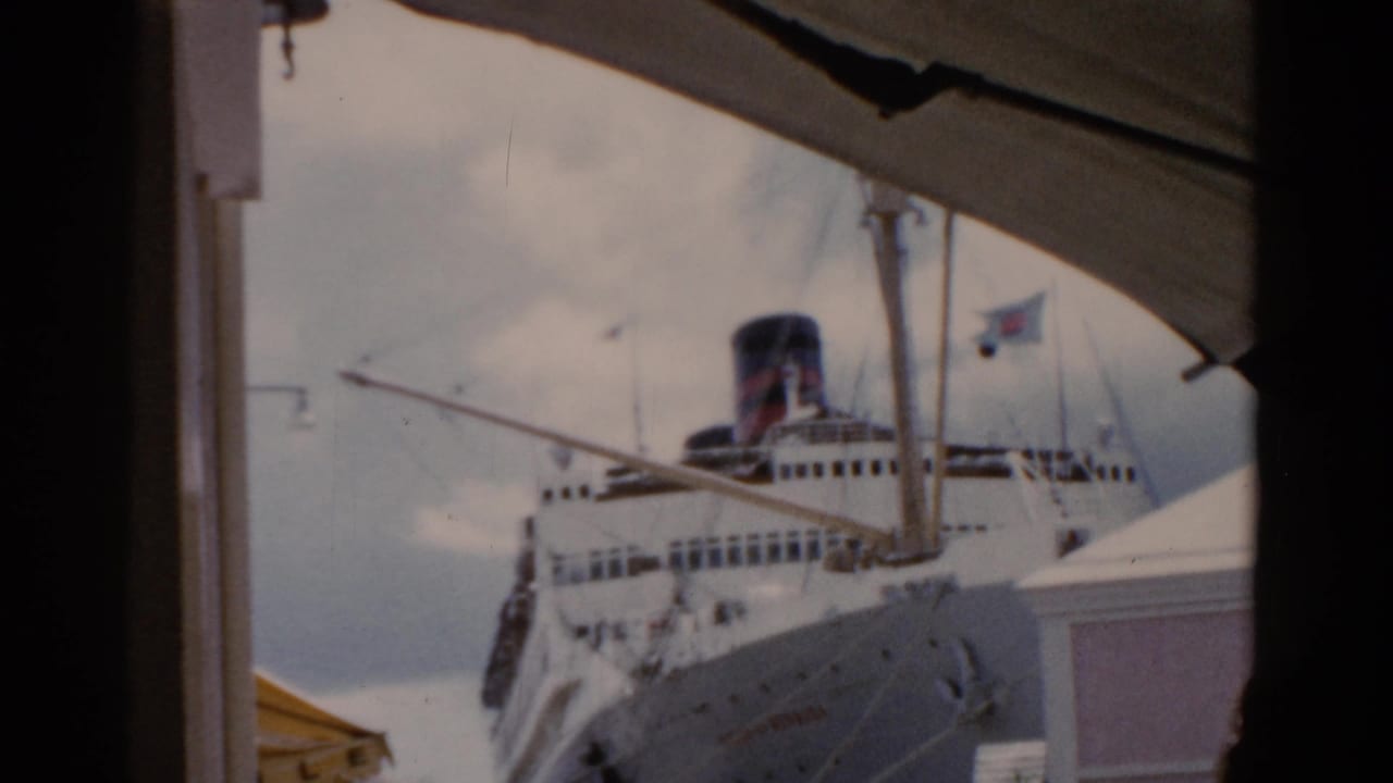 Large white cruise ship seen through a dark window frame at a port.
