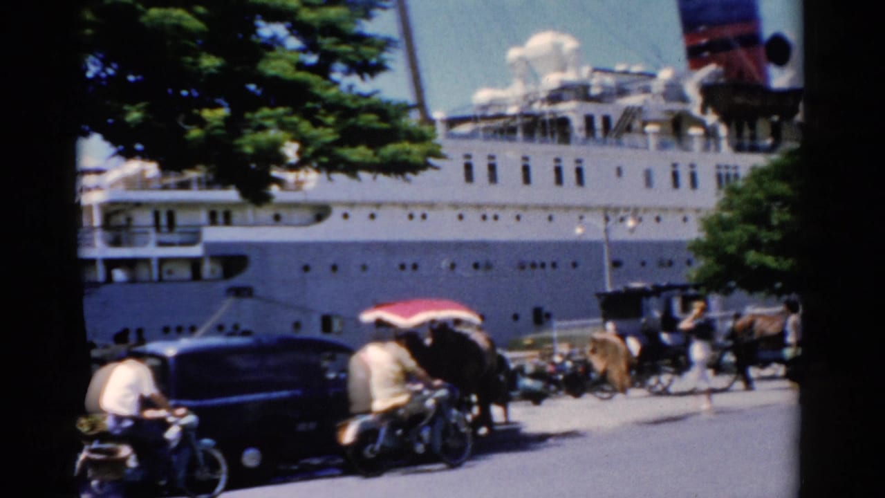 Waterfront street with a large white passenger ship, cars, motorcyclists, carriages, trees, and pedestrians.